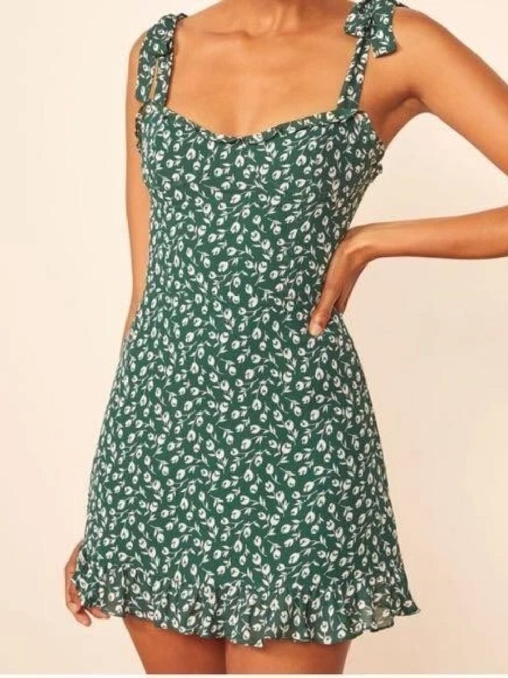 Reformation Green Dress with White Floral Pattern